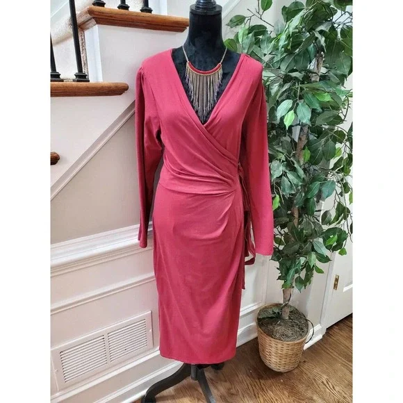 People Tree Women's Red Polyester V-Neck Long Sleeve Knee Length Dress Size 10 - Picture 1 of 12